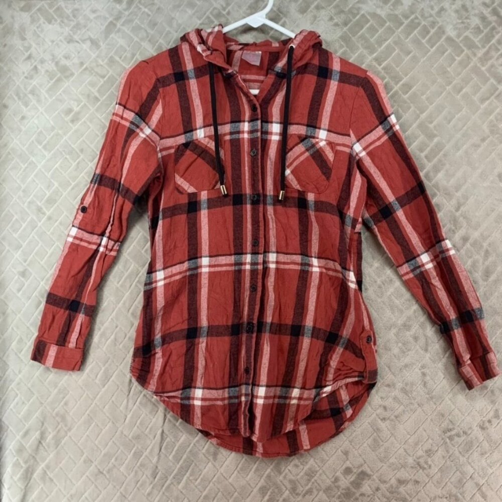 No Boundaries Shirt Womens S Red Plaid Flannel Hooded Fitted Button Up Western